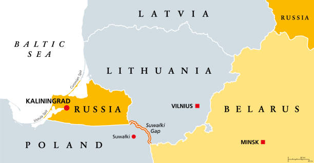 Suwalki Gap, corridor from Kaliningrad Oblast to Belarus, political map Suwalki Gap, political map. Also known as the Suwalki Corridor, the border starting from the Russian exclave Kaliningrad Oblast to Belarus,  between Lithuania and Poland, near the Polish town Suwalki. kaliningrad stock illustrations