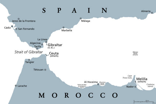 Strait of Gibraltar, also Straits of Gibraltar, gray political map Strait of Gibraltar, gray political map. Also known as Straits of Gibraltar. A narrow strait, connecting Atlantic Ocean to Mediterranean Sea, separating the Iberian Peninsula from Morocco and Africa. ceuta map stock illustrations