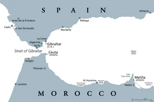Vector illustration of Strait of Gibraltar, also Straits of Gibraltar, gray political map