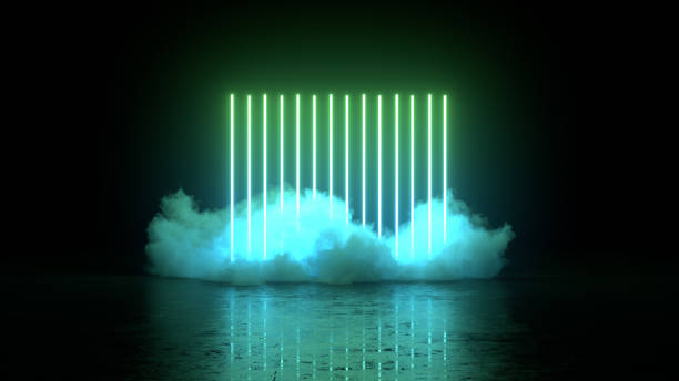 istock Ultraviolet neon lights cosmic landscape glowing led lighting with smoke 3d abstract background 1407118278