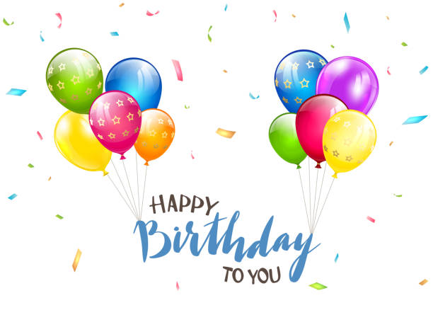 ilustrações, clipart, desenhos animados e ícones de feliz aniversário e balões coloridos no fundo branco - birthday card streamer party balloon