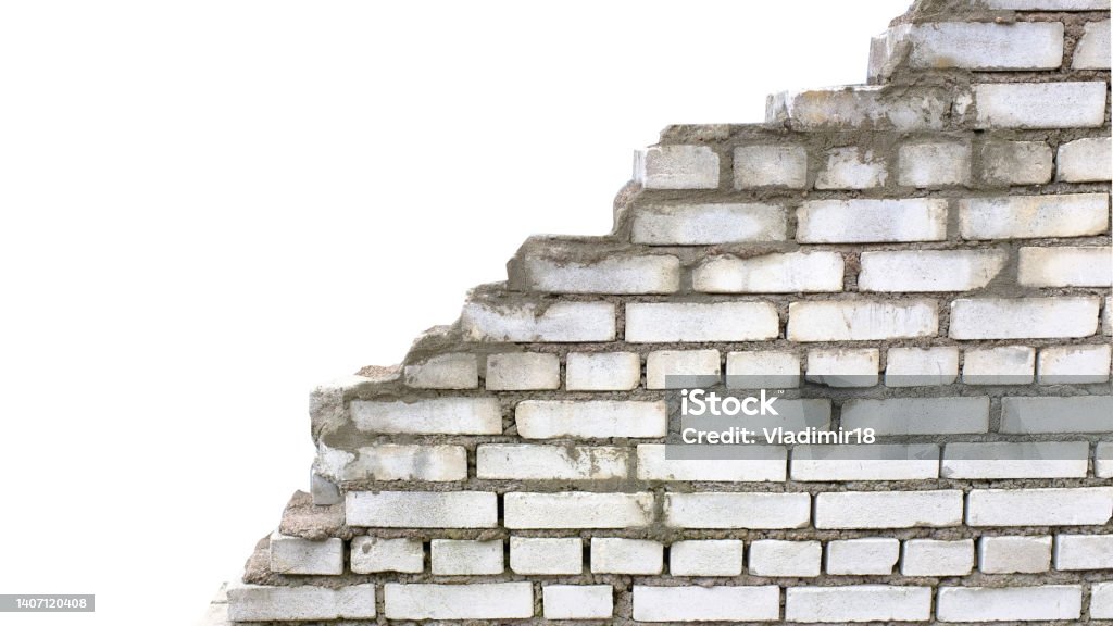 old ruined white brick wall isolated on white background ruined white brick wall isolated on white background Brick Wall Stock Photo