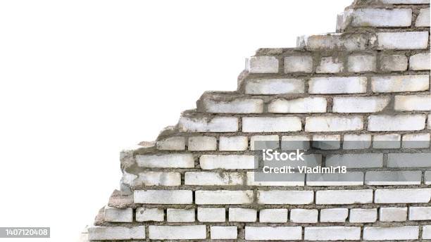 Old Ruined White Brick Wall Isolated On White Background Stock Photo - Download Image Now