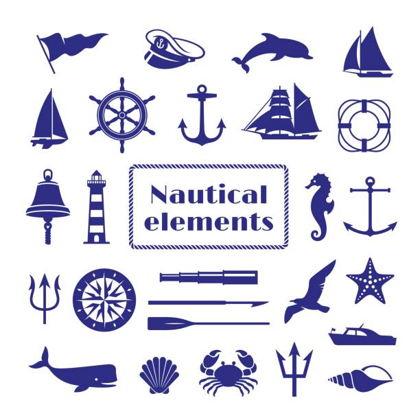 ilustraciones, imágenes clip art, dibujos animados e iconos de stock de conjunto de elementos náuticos. icono náutico, campana de mar y barco, rueda de barco. silueta de gaviota marina, cangrejo y caballito de mar. brújula marina, pegatinas vectoriales vintage ordenadas - embarcación marina