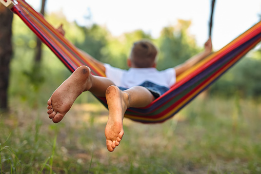 Cute little boy having fun with multicolored hammock in backyard. Summer active leisure for kids. Child on hammock. Activities and fun for children outdoors. Selective focus