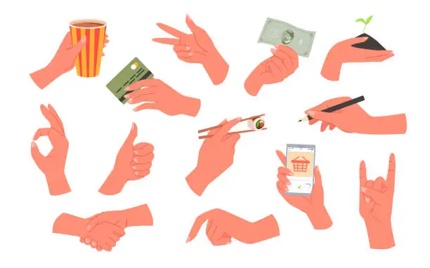 Vector illustration of Human hands pose with different gestures and objects set, female and male arms hold phone