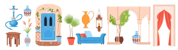 Moroccan architecture, interior decoration and culture elements set, door and gate, pots Moroccan architecture, interior decoration and culture elements set vector illustration. Cartoon blue door and gate, old pot with palm, sofa with cushions, jug and table from Morocco isolated on white marrakech stock illustrations