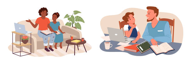 Parents teach kids, study with books or laptop, support for children with homework Parents teach kids set, support for children with school homework. Cartoon father and son, mother and daughter study with books or laptop at home flat vector illustration. Education, guidance concept parent guide stock illustrations