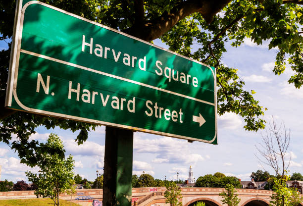 zielony znak drogowy dla harvard square i north harvard sreet - cambridge massachusetts - massachusetts boston harvard university sign zdjęcia i obrazy z banku zdjęć