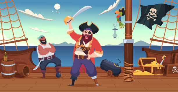 Pirate ship background. Sailors filibusters with weapons standing on battleship deck exact vector template in cartoon style Pirate ship background. Sailors filibusters with weapons standing on battleship deck exact vector template in cartoon style. Illustration of pirate sailor captain cartoon pirate criminal stock illustrations