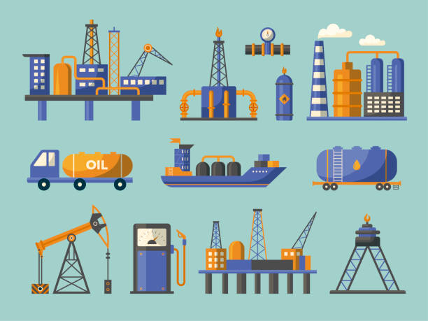 Oil industry. Gas petroleum nature oil from industrial pipe concept icons technical valves recent vector flat symbols Oil industry. Gas petroleum nature oil from industrial pipe concept icons technical valves recent vector flat symbols. Illustration of fuel petroleum, gas and oil industry extraction tower stock illustrations