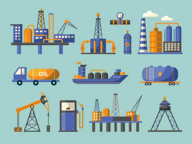 Vector illustration of Oil industry. Gas petroleum nature oil from industrial pipe concept icons technical valves recent vector flat symbols