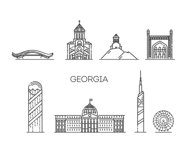 Georgia detailed monuments silhouette. Vector flat illustration Georgia, outline city vector illustration, symbol, travel sights landmarks batumi stock illustrations