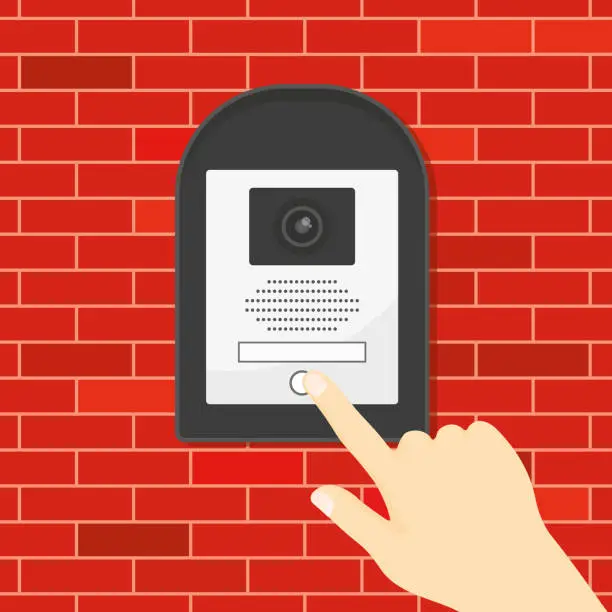 Vector illustration of hand rings the house intercom with camera