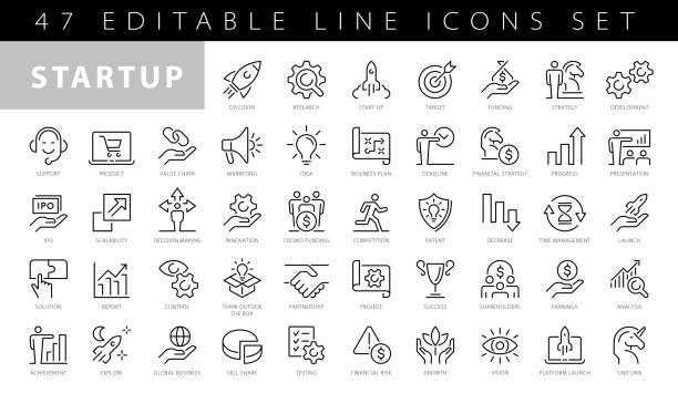 Business startup line vector icon set Business startup line vector icon set marketing icons stock illustrations