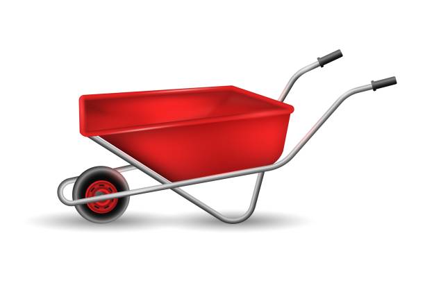 istock Red realistic wheelbarrow. Working device for hauling trash and helping with gardening 1407126683
