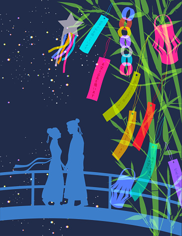 Silhouettes of Star Lovers for Tanabata. Wishes and decorations hanging from a Bamboo Plant. Tanabata Festival, Qixi Festival, Milky Way, Galaxy, Outer Space, Night, tanzaku, Fireworks