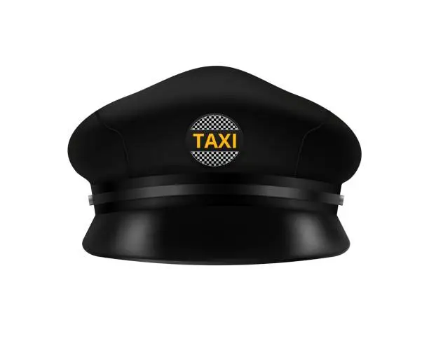 Vector illustration of Taxi drivers cap moskup. Black realistic chauffeur hat with yellow taxi logo