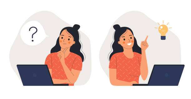 wanita muda di depan laptop dengan tanda tanya dalam berpikir gelembung dan menemukan ide baru. bola lampu mengkilap. ilustrasi vektor kartun gaya datar. - gadis remaja ilustrasi stok