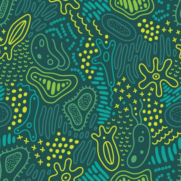 Abstract doodle pattern with microbe, virus, bacteria. Vector seamless background with fantasy microorganism, mold, cell, germ, probiotic etc. Abstract doodle pattern with microbe, virus, bacteria. Vector seamless background with fantasy microorganism, mold, cell, germ, probiotic etc. microbiology stock illustrations