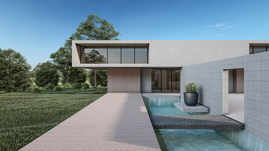 Digitally generated modern family villa with swimming pool.\n\nThe scene was created in Autodesk® 3ds Max 2022 with V-Ray 5 and rendered with photorealistic shaders and lighting in Chaos® Vantage with some post-production added.