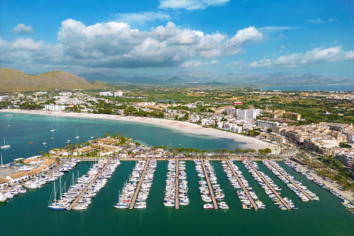 Aerial view over the harbour at Puerto de Alcudia, Majorca, Spain