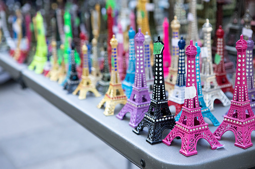 Table of Eiffel Tower souvenirs for tourists