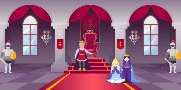 ilustrações de stock, clip art, desenhos animados e ícones de castle ballroom. interior of medieval palace hall. royal room with monarch throne. king and queen. emperor family. princess and knights. fantasy kingdom. cartoon vector illustration - house column residential structure fairy tale