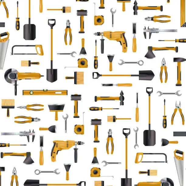 Vector illustration of Construction tool pattern. Seamless background for repair worker and carpentry safety. House repairman equipment. Decor textile, wrapping paper, wallpaper. Endless texture, vector print