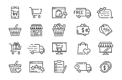 Commerce icons. Thin line symbols of supermarket and internet shopping. Shop cart or basket. Ecommerce and online market store. Money payment. Commercial sale. Express delivery. Flat vector signs set