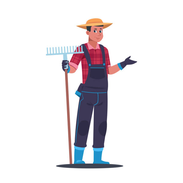 istock Agricultural work. Cartoon farmer working in field. Standing man with rake. Gardening tools. Farm worker harvesting crops and fruits. Plants cultivation. Vector gardener in overalls 1407133722