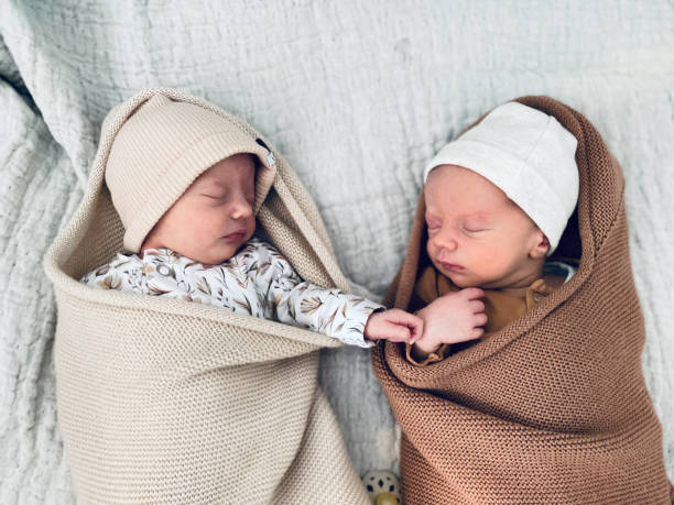 sleeping new born boy and girl twin - babybox stockfoto's en -beelden