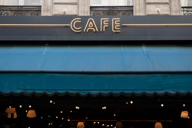 istock Turquoise coloured canopy outside a cafe 1407136907
