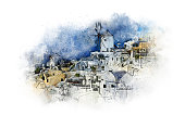 Artistic watercolor of Santorini. Watercolor of the famous city of Oia. Old famous mills. Romantic holidays and a nice souvenir. Oia, Santorini, Greece