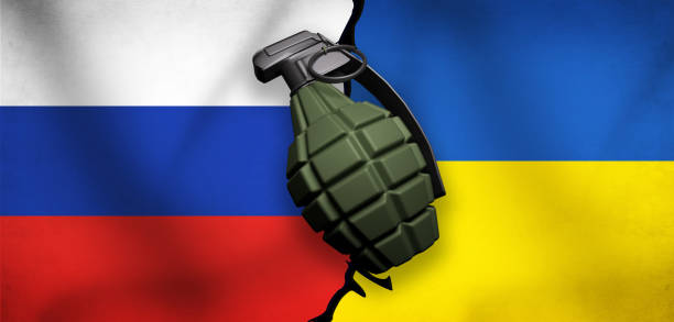 istock Russia and Ukraine War concept background with 3d rendered grenade on flags 1407139898