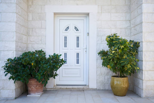 White plastic entrance door and facade decorations with plants stock photo