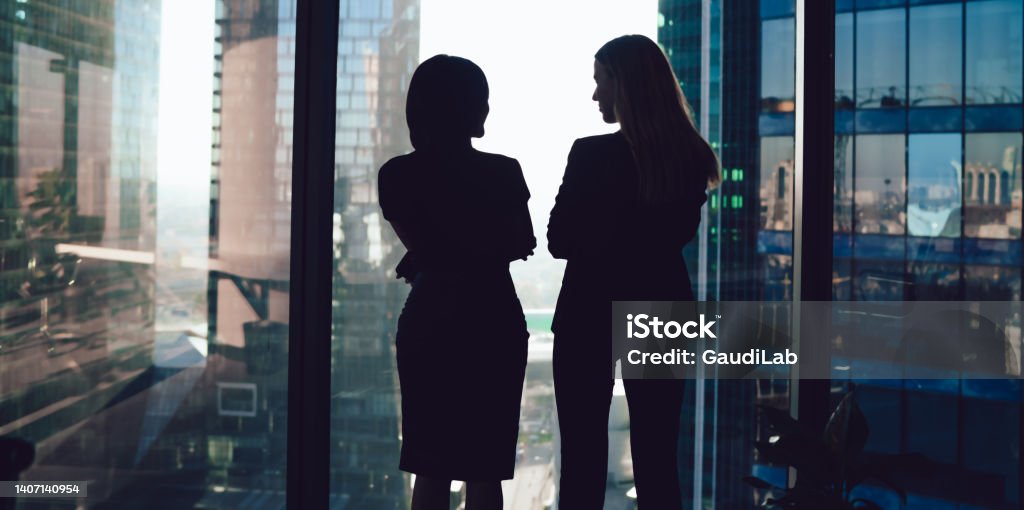Silhouettes of businesswomen in modern office near window Back view of well dressed female colleagues in formal wear standing near window in contemporary workplace and enjoying cityscape while talking and looking at each other Businesswoman Stock Photo