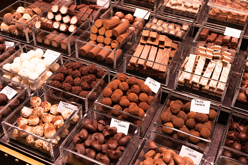 Different chocolate candies for sale in a market