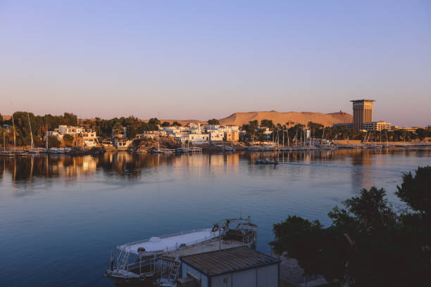 Sunset View to the Panoramic Aswan cityscape stock photo