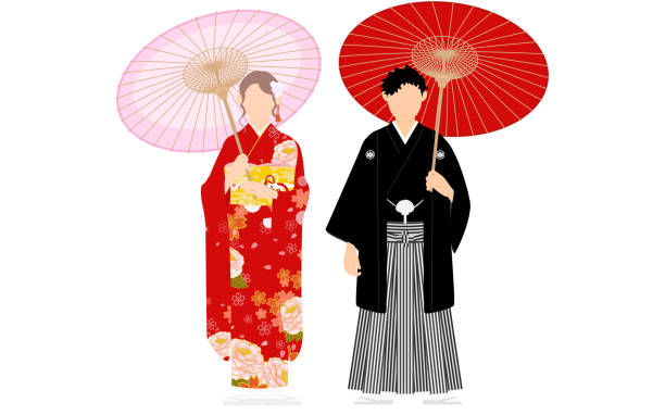 kimono-gekleidete männer und frauen mit sonnenschirmen, montsuki hakama und furisode - parasol umbrella asian ethnicity asian culture stock-grafiken, -clipart, -cartoons und -symbole