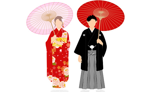 Kimono-clad men and women holding parasols, montsuki hakama and furisode