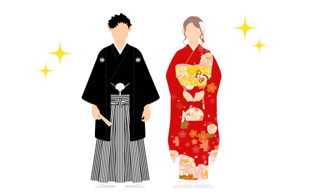 Kimono-clad men and women, montsuki hakama and furisode kimono, pose for a commemorative photo at the Coming-of-Age Ceremony. Kimono-clad men and women, montsuki hakama and furisode kimono, pose for a commemorative photo at the Coming-of-Age Ceremony. caricature portrait board stock illustrations