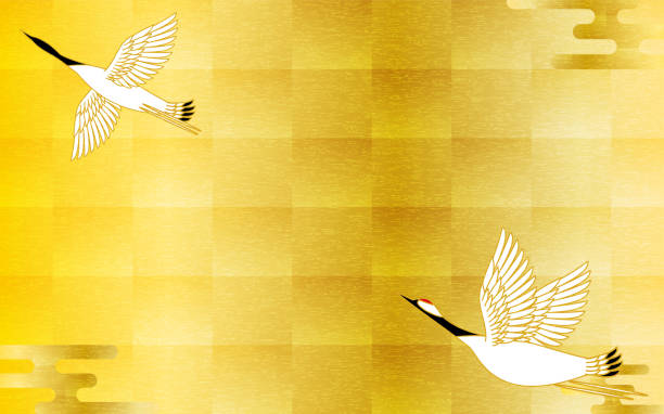istock Japanese traditional background material, Gold leaf style, Crane and Japanese pattern Haze 1407142593