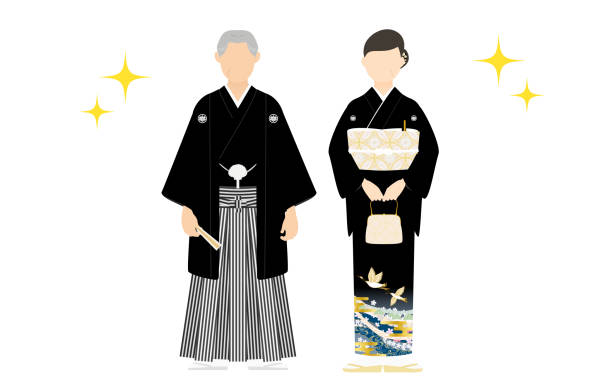 Senior couple in montsuki hakama and black tomesode, parents attending the wedding in kimono. Senior couple in montsuki hakama and black tomesode, parents attending the wedding in kimono. caricature portrait board stock illustrations