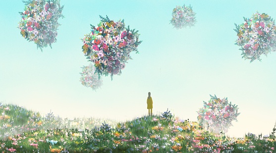 Woman alone in surreal nature. freedom, mystery, hope, motivation, inspiration,  lonely and loneliness concept, Lanscape painting art, 3d illustration,  fantasy flowers field.