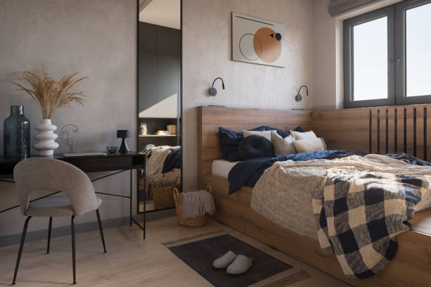 istock Comfortable bedroom with wooden details 1407145973