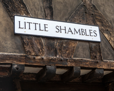 Street sign for Little Shambles in the city of York, UK.