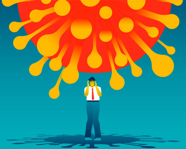 Feeling of oppression due to covid-19 Standing desperate man with a giant covid-19 virus above him. Coronavirus effect on mental health. Psychology and anxiety of coronavirus. Feeling of oppression. Vector illustration long covid stock illustrations