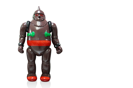 front view brown and  red and black robot toy standing on white background, object, fashion, gift, decor, copy space