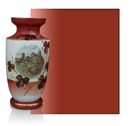 front view red ceramic vase on white frame and red background, object, nature, ancient, fashion, gift, decor, copy space
